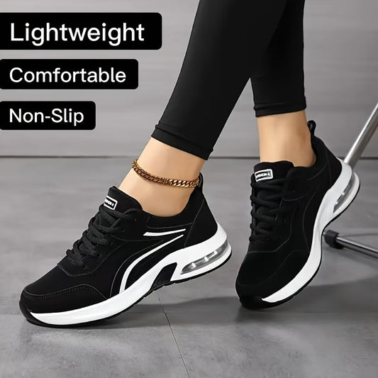 Women's Sneakers - Lightweight All-Season Gym Shoes, Cushioned Arch Support  Non-Slip PU Outsole - Black Sneakers for Running, Casual, Office - Lace-Up Fitness Footwear with Minimalist Design, Ladies Sneakers, Everyday Comfo
