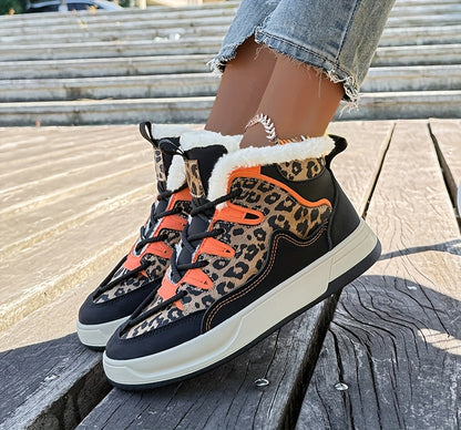 Women'S Stylish Leopard Print Winter Sneakers - Warm Fleece-Lined Casual Shoes with Thick Cushioned PVC Sole, Black & Orange Design, Perfect for Fall/Winter, Winter Sneakers | Leopard Print Shoes | Durable PVC Sole