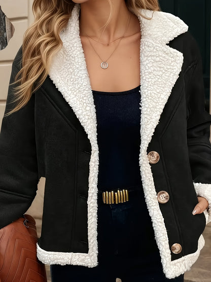 Black Button-Front Jacket, Soft Teddy Texture, Machine Washable Warm Coat for Casual and Formal Occasions, Stylish Design with Elegant Cut, Fleece-Lined Plush Fabric, Office Attire, Classic Look, Trendy Winter Wear