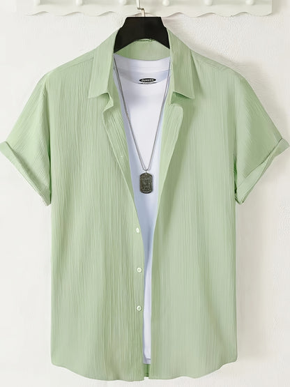 Men's Casual Button-Front Shirt with Lapel Collar, Lightweight Polyest