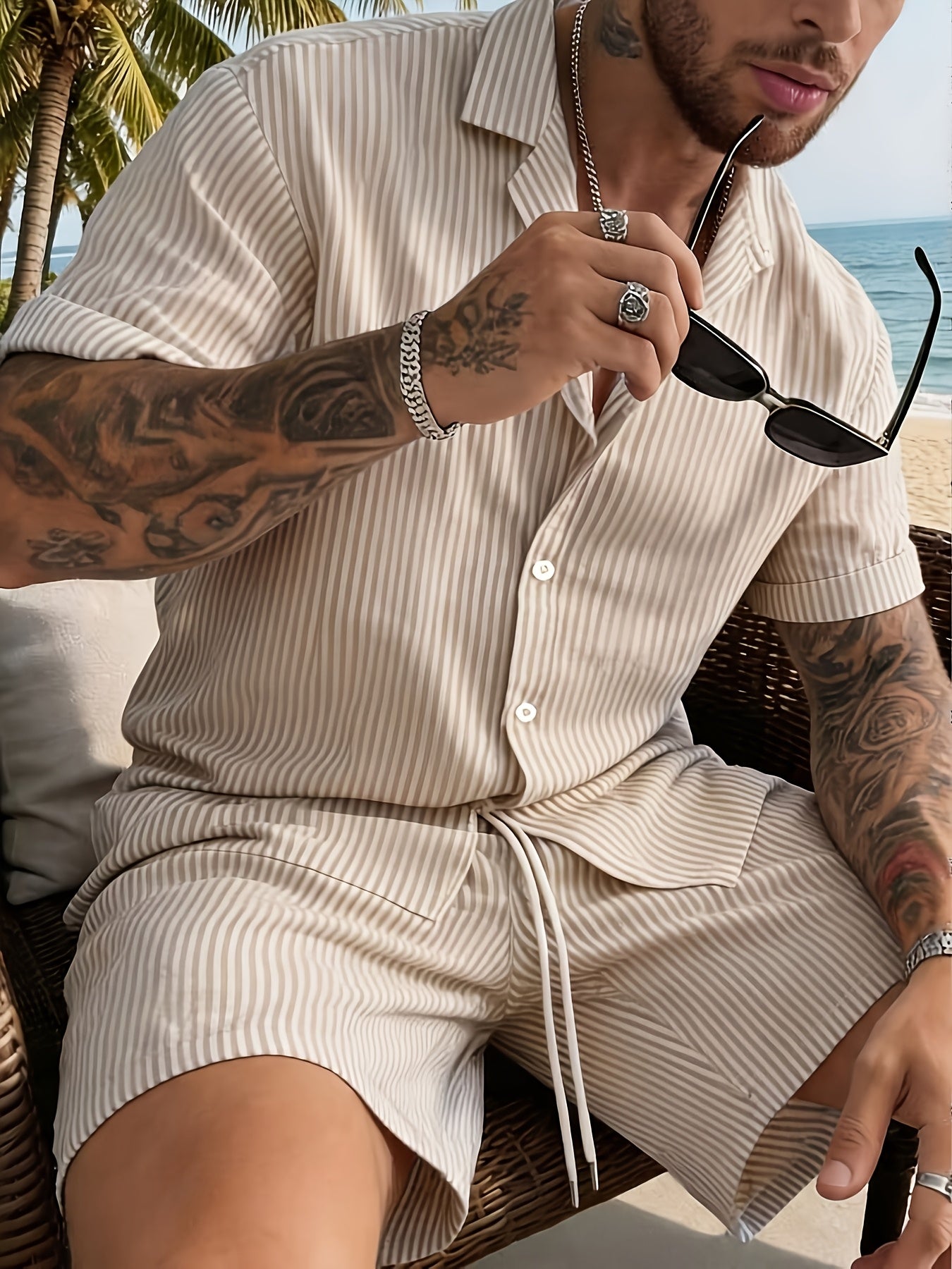 Men's Casual Breathable Bubble Stripe Pajama Set with Drawstring