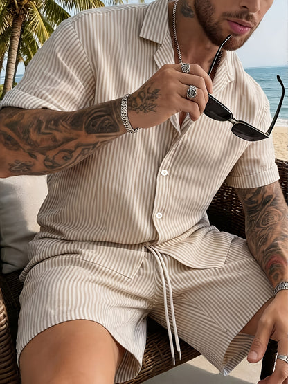 Men's Casual Breathable Bubble Stripe Pajama Set with Drawstring