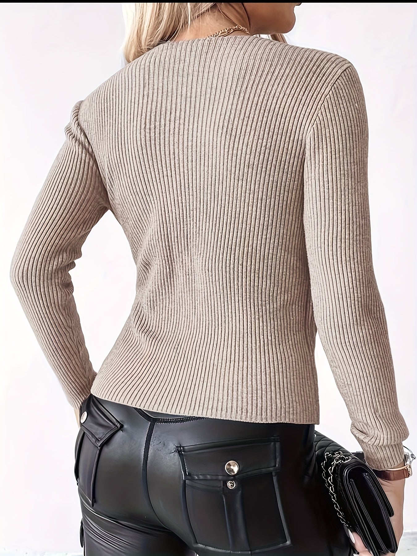 Elegant V-neck Pullover | Spring/Fall Season, Medium Stretch Fabric, Long Sleeve, Solid Color, Skinny Fit