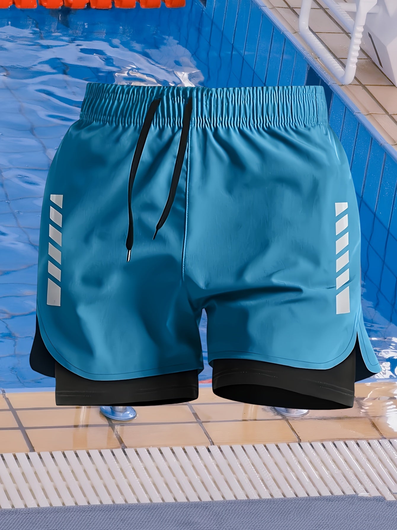 Men's Skinny Double-Layer Swim Trunks with Stripes for Summer Fitness