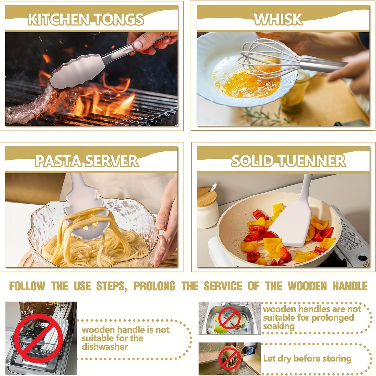 44pcs Set of Wooden Handle Silicone Non-stick Cookware Wooden Handle Cooking Spatula Spoon Stainless Steel Grater Bottle Opener Kitchen Cooking Tool Set