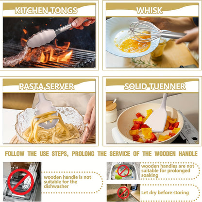 44pcs Set of Wooden Handle Silicone Non-stick Cookware Wooden Handle Cooking Spatula Spoon Stainless Steel Grater Bottle Opener Kitchen Cooking Tool Set