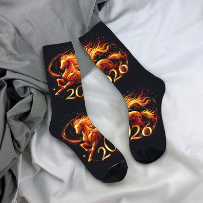 1pc Designed Socks sporty styles 2026 Year of the Horse Creative mid-calf socks geometric designs 3D digital print socks, cute socks for teens and adults ideal for daily wear, perfect for gift giving!