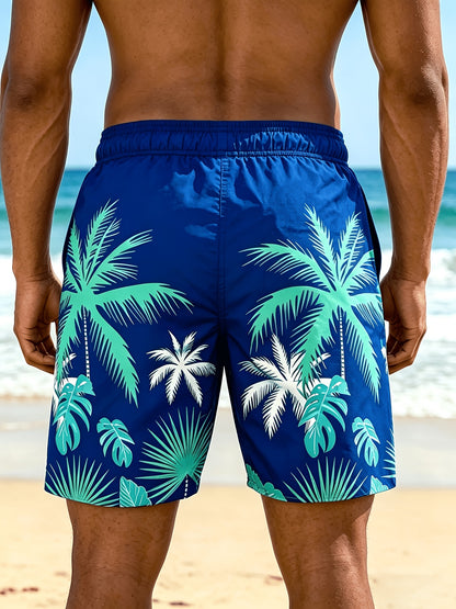 Plus Size Men's Palm Tree Print Beach Shorts, Breathable Polyester
