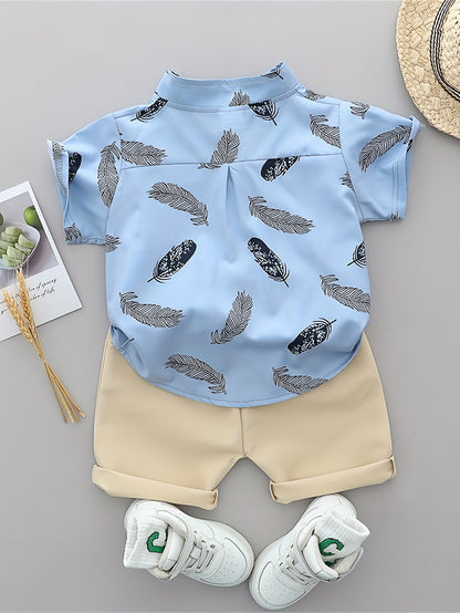 Infant Toddler Summer Feather Print Shirt and Shorts Set