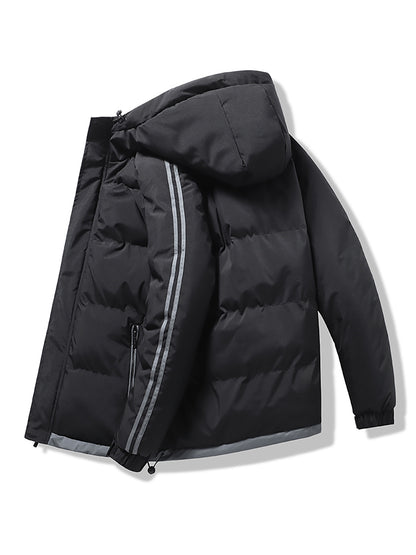 1pc Men's Heavy-Duty Winter Jacket with Hood - -Filled Coat, White & Dark Green, Golden-Zip Closure, Machine Washable, Casual Outdoor Wear (Snow, Windproof) - Regular Fit for, Skiing, Cold