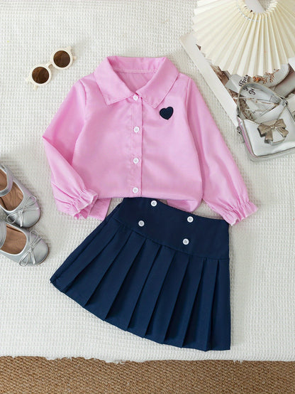 Girls Preppy Striped Collar Shirt & Pleated Skirt Set