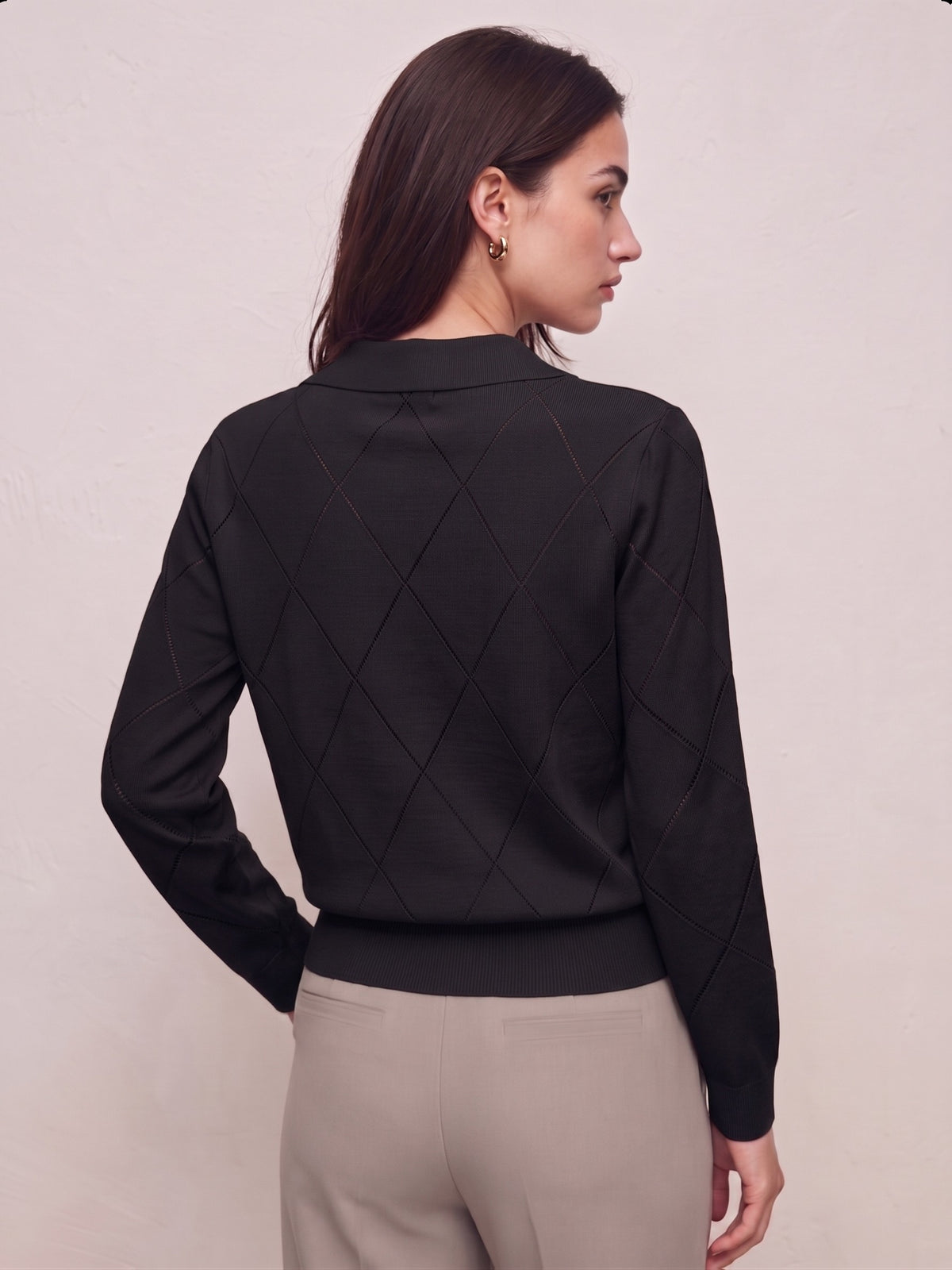 Elegant Women's Polo Neck Argyle Sweater with Loose Fit