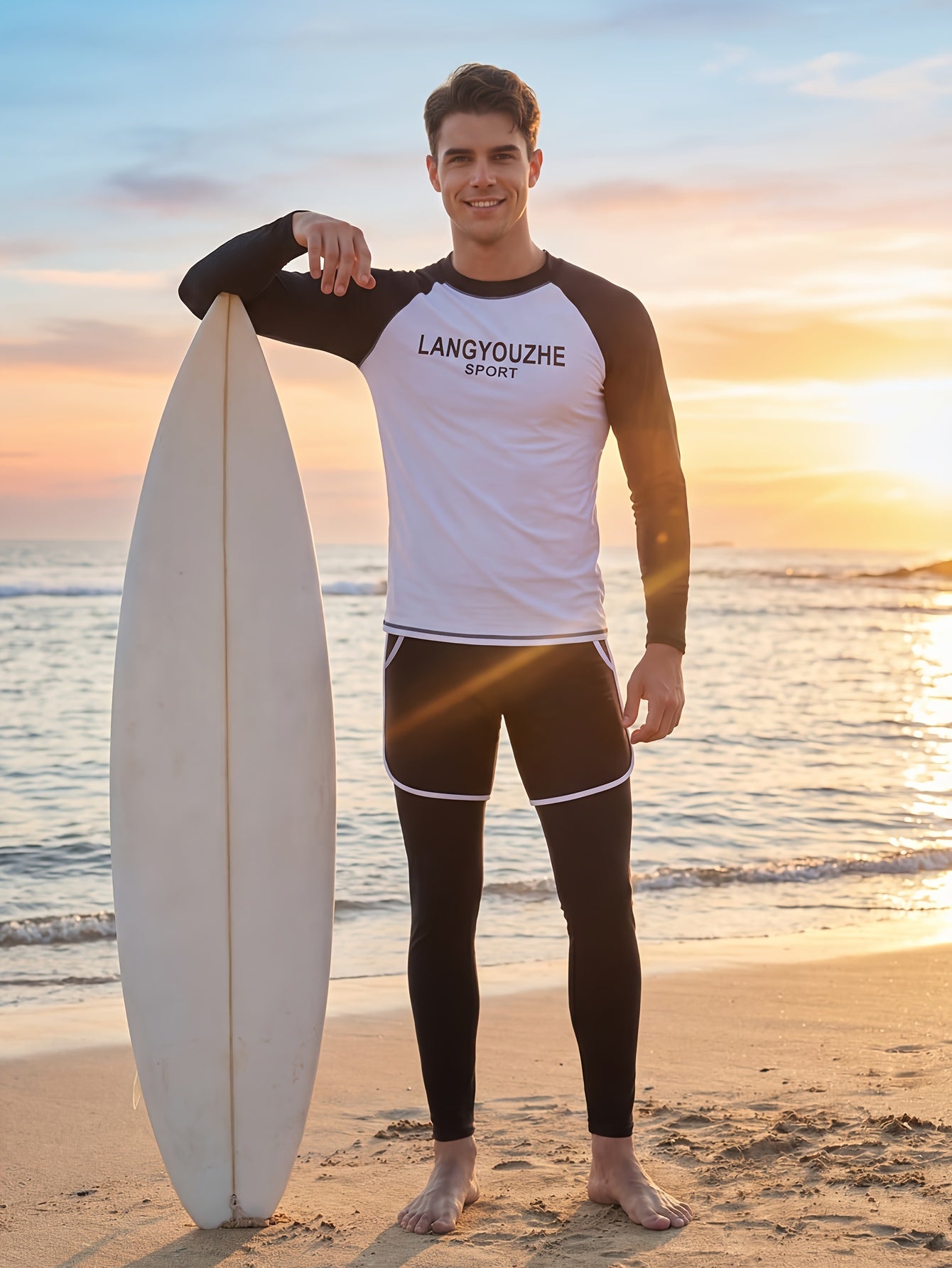 Men's Modest Long Sleeve Sunscreen Swimwear Set with Pants