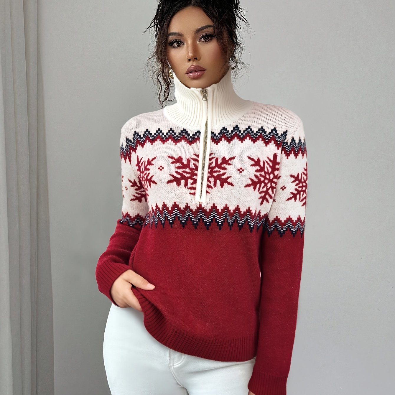 2025 Autumn/Winter New Holiday Snowflake Sweater for Women, Half-Zip High Neck, Zigzag Stripes, Comfortable Light Beige-Friendly Non-Irritating High-Quality Warm Fashion Holiday Top for Christmas, Black Friday, New Year