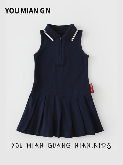 Girls' Sleeveless Polo Tennis Dress with Pleated Skirt, Navy