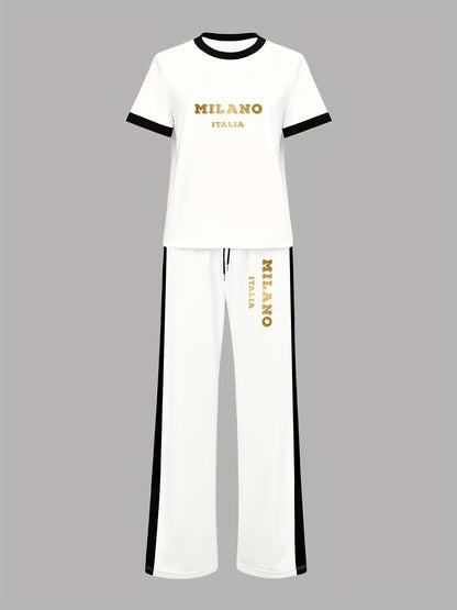Women’s Casual Commuter 2-Piece Polyester T-Shirt & Wide-Leg Pants Set