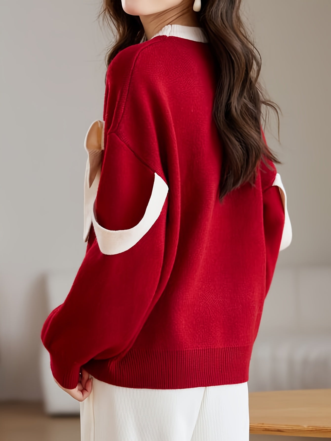 Women'S Elegant Red Sweater with Large Bow Detail - Cozy Crew Neck, Long Sleeve, Ribbed Texture, Perfect for Fall/Winter, Versatile Fashion Top, Winter Fashion Top|Elegant Knitwear|Ribbed Texture Sweater
