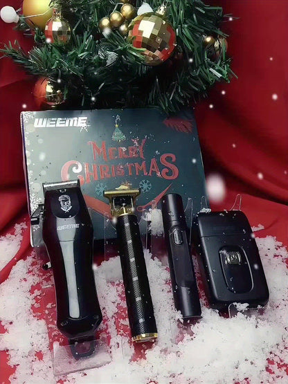 WEEME 4pcs Professional Hair Clipper Set for Men, Cordless Barber Clippers and Trimmer Kit, Electric Beard Trimmer and Nose Trimmer, Foil Shaver Grooming Tools, Luxury Christmas Gift Set for Him (Black) - ayq