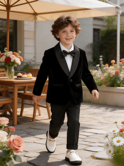 Boys Velvet Suit Set with Jacket, Trousers & Bow Tie - Formal Wear