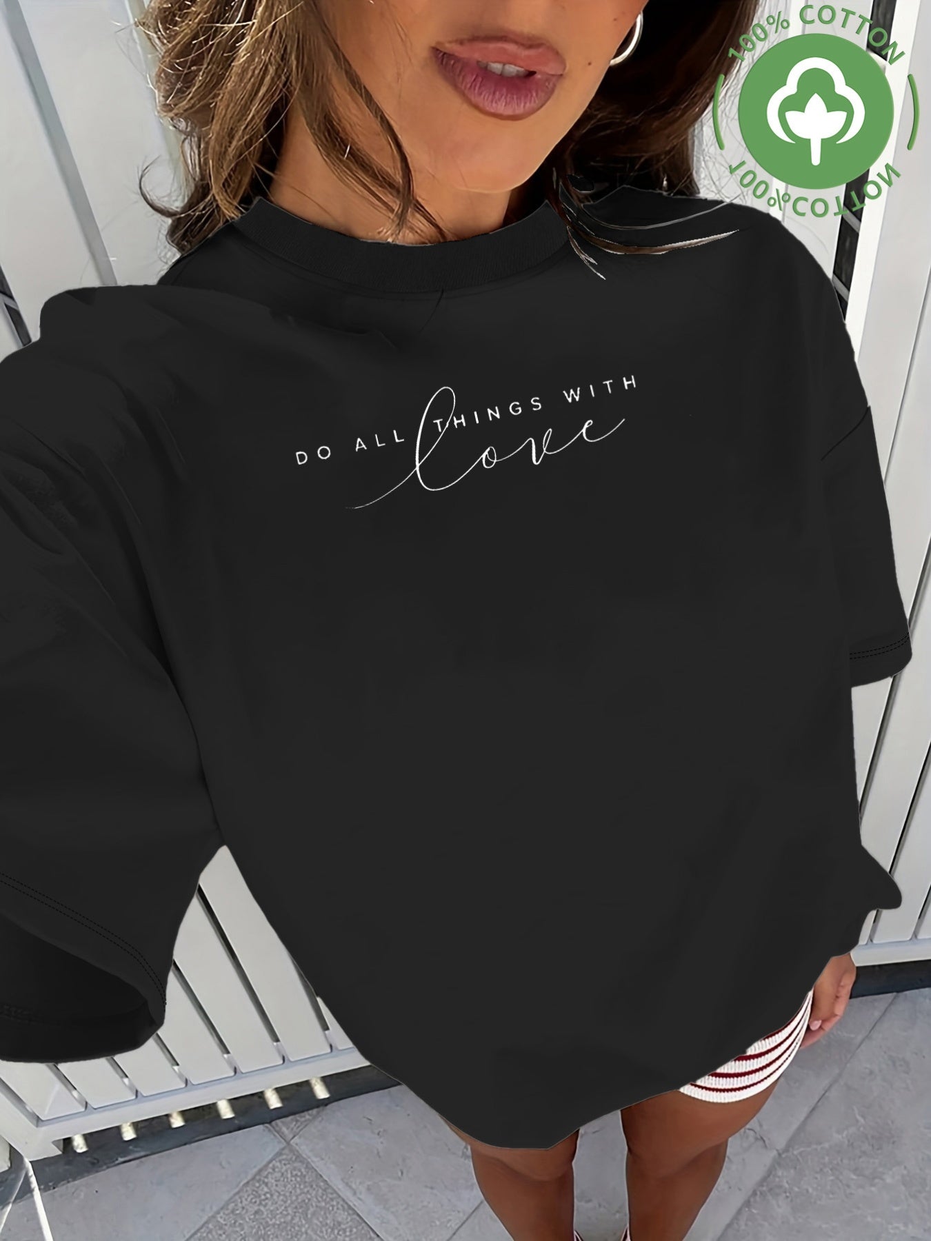 Women's Casual Loose Cotton T-Shirt with Love Lettering Print