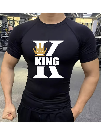 Men'S High-Elastic Breathable Short Sleeve Athletic Shirt - Summer Running  Training Top with "KING" Crown Print, High Stretch Microfiber, White, Gym Wear   Bold Design   Subtle Sheen Finish, Gym Wear Shirts