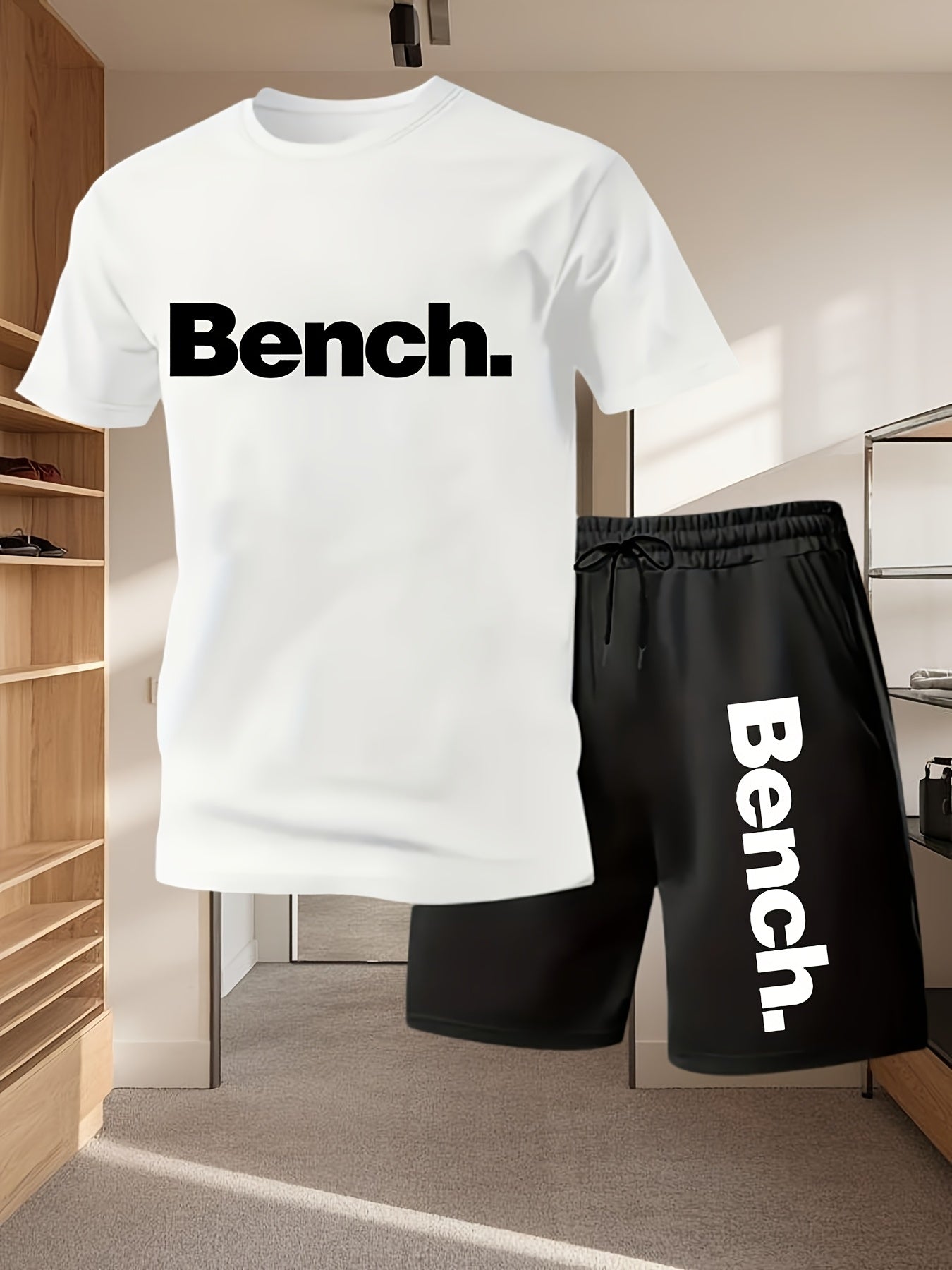 Summer Men'S Casual Sports Short Sleeve T-Shirt and Shorts Set, Comfortable Breathable, Suitable for Outdoor Jogging Running Fitness, Bench. Letter Print Design - 2pcs