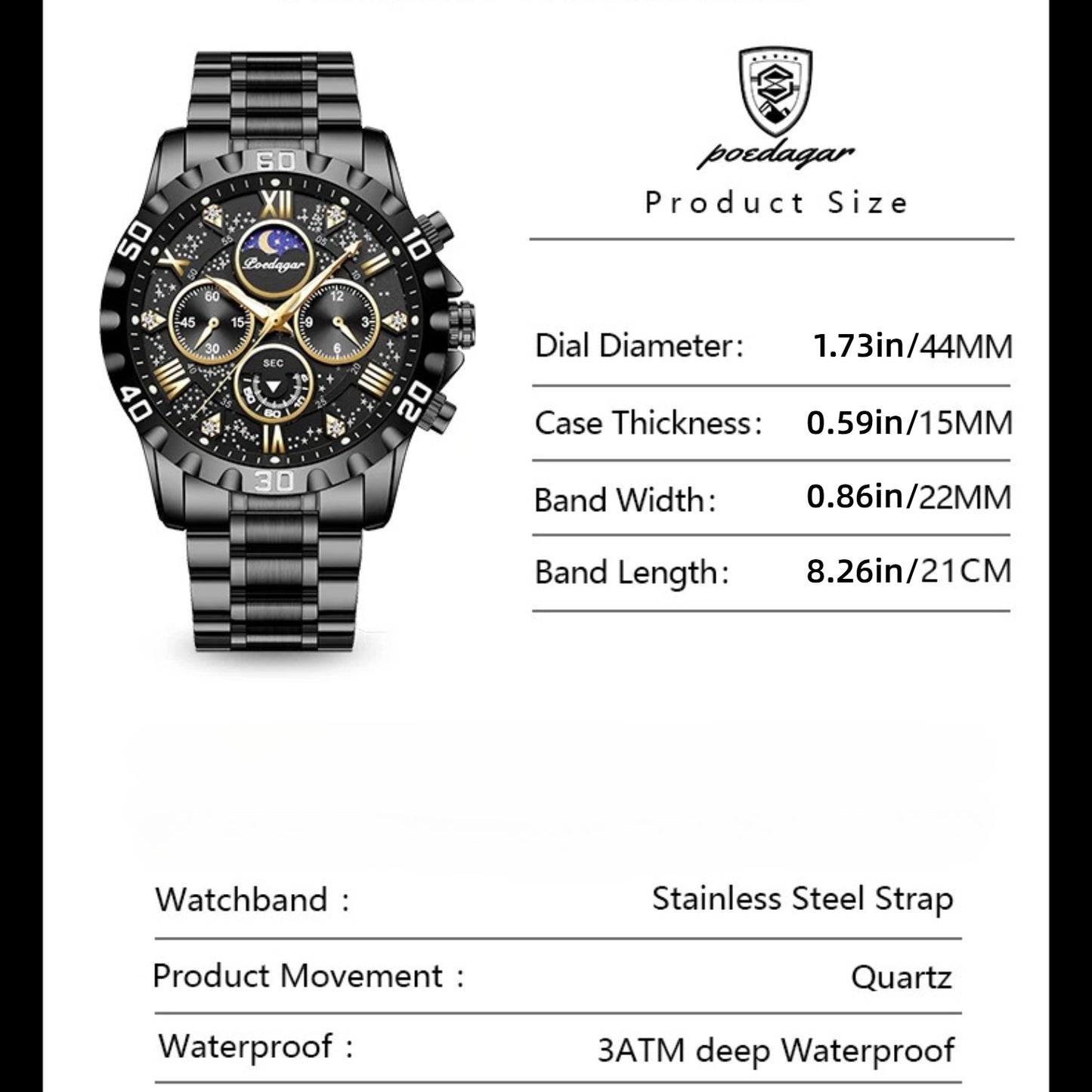 POEDAGAR Men's Casual Stainless Steel Quartz Watch with Calendar