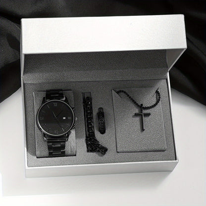 8pcs/set Men'S Black Minimalist Quartz Watch Set with Bracelet, Necklace, And Ring – Elegant Timepiece Gift Box for Casual And Formal Use, Box not included