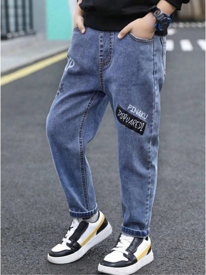 Casual Teen Letter Print Cuffed Cotton Jeans