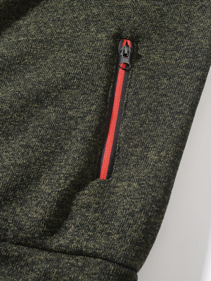 Men's Sporty Full-Zip Stand Collar Sweatshirt - Long Sleeve Casual Pullover with Neon Green Accents, Solid Color Non-Stretch Fabric, Regular Fit for Fall Winter