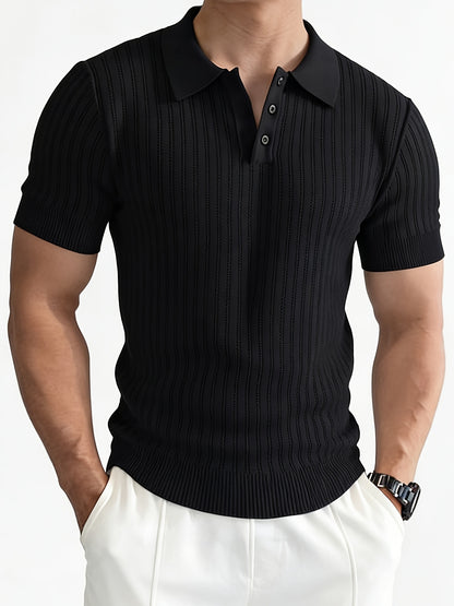 Men'S Summer Knitted Polo Shirt | Breathable Striped Design, Casual Lapel Collar, Short Sleeves, Three-Button Closure, Slim Fit, Ideal For Business Casual And Travel - ayq