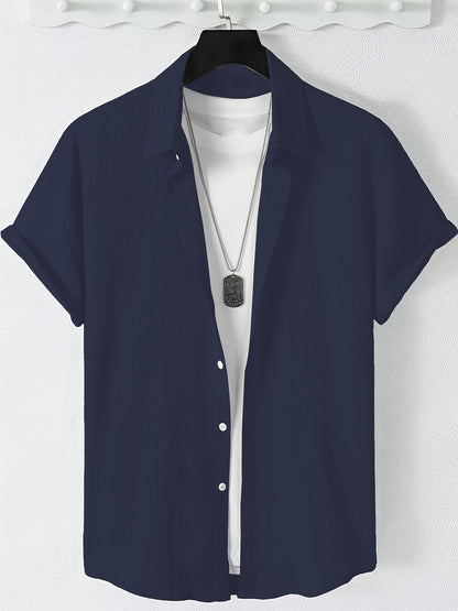 Men's Casual Button-Front Shirt with Lapel Collar, Lightweight Polyest