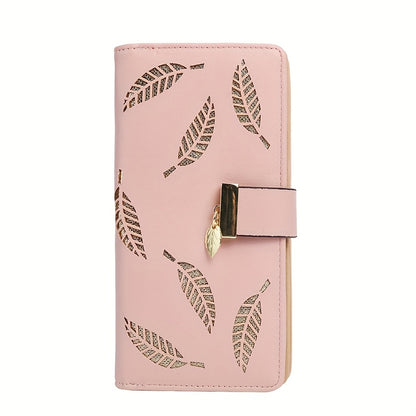 Perfect Christmas Gift for Her: Elegant Women's Long Wallet with Hollow Leaf Pattern & Gold Metal Pendant, Detachable ID Window, Zipper Coin Purse, Multiple Card Slots - Stylish PU  Clutch in Khaki, Blue, Black, Brown, Pink