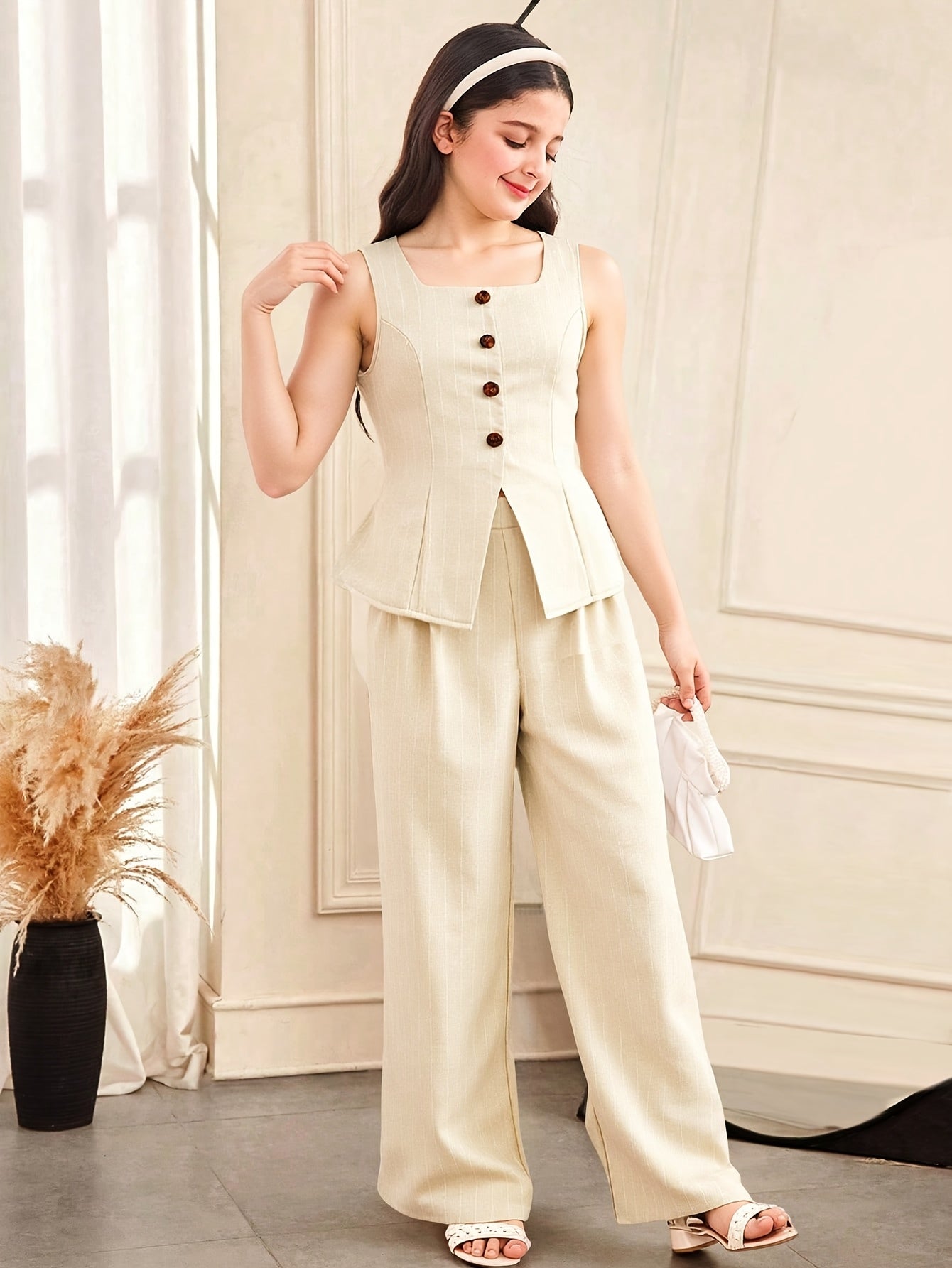 Girls' Striped Button Sleeveless Top & Pants Set for Summer