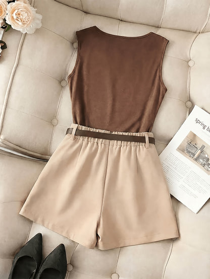 Women's Elegant Sleeveless Brown Vest & Apricot Shorts Set