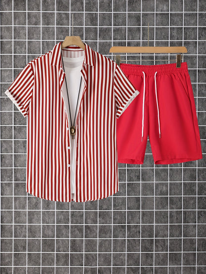 Men's Summer Printed Button-Up Shirt & Shorts Set
