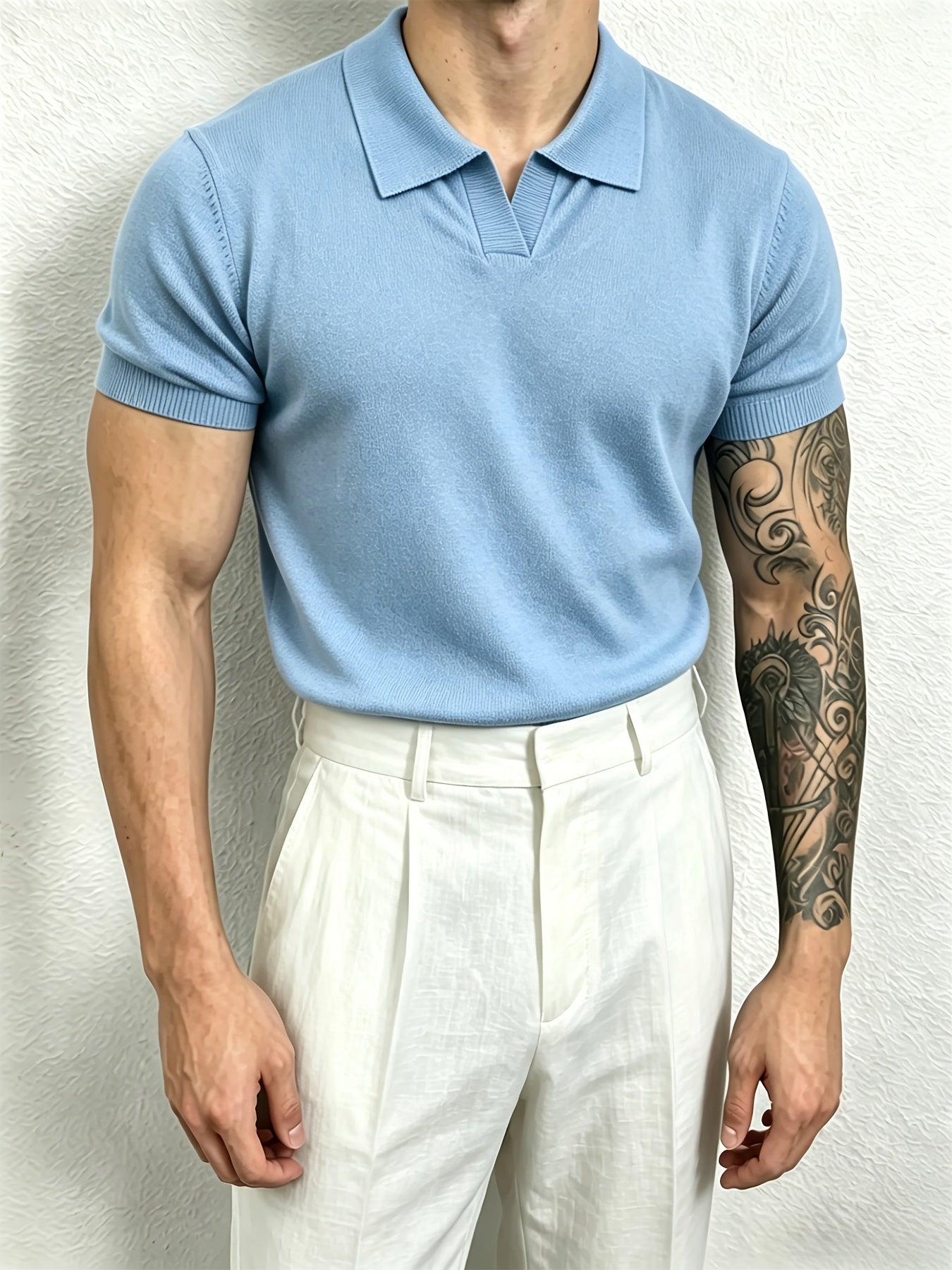 Men's Knit Polo Shirt with Geometric Pattern - Lightweight Summer Styl