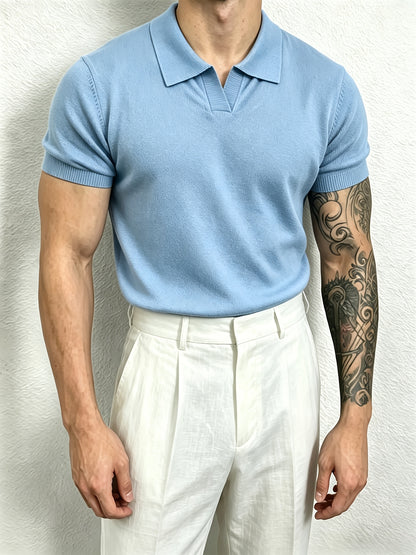 Men's Knit Polo Shirt with Geometric Pattern - Lightweight Summer Styl