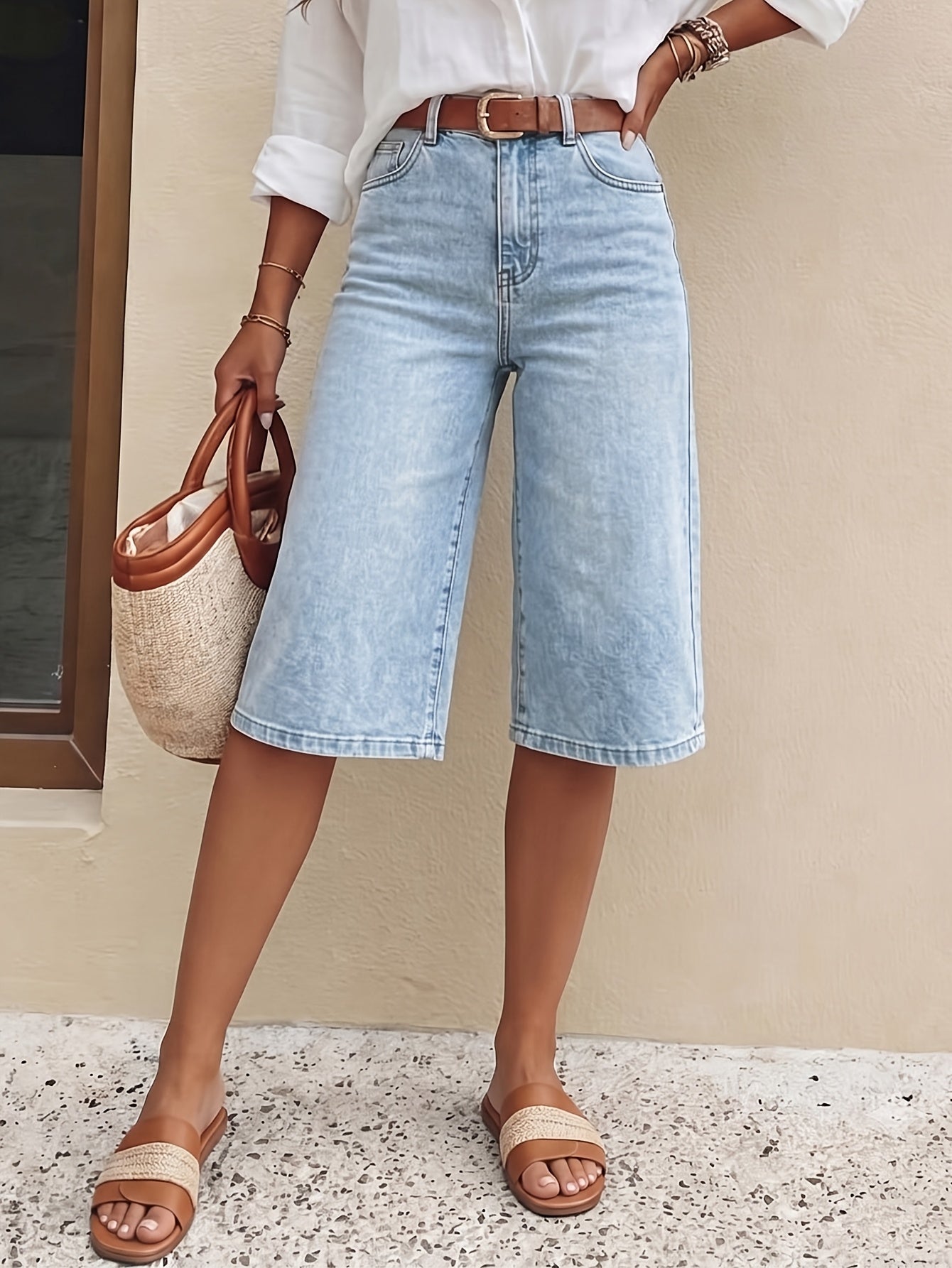 Women’s High Waist Wide-Leg Denim Bermuda Shorts Light Wash