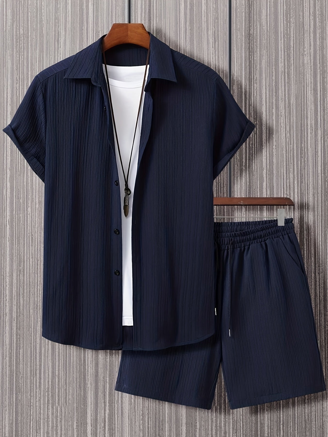 Men's Casual Loose Fit Solid Button-Up Shirt and Shorts Set