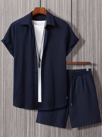 Men's Casual Loose Fit Solid Button-Up Shirt and Shorts Set