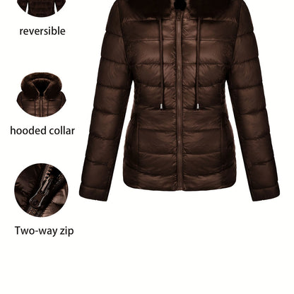 Women'S Heavyweight Winter Coat - Dual-Sided Reversible Jacket with Full-Zip Front, Hooded Collar, Two-Way Zipper Closure - Warm Outerwear for Cold Weather, Office, Travel - Elegant Brown Coat (Size & Wash Label in Pocket), L