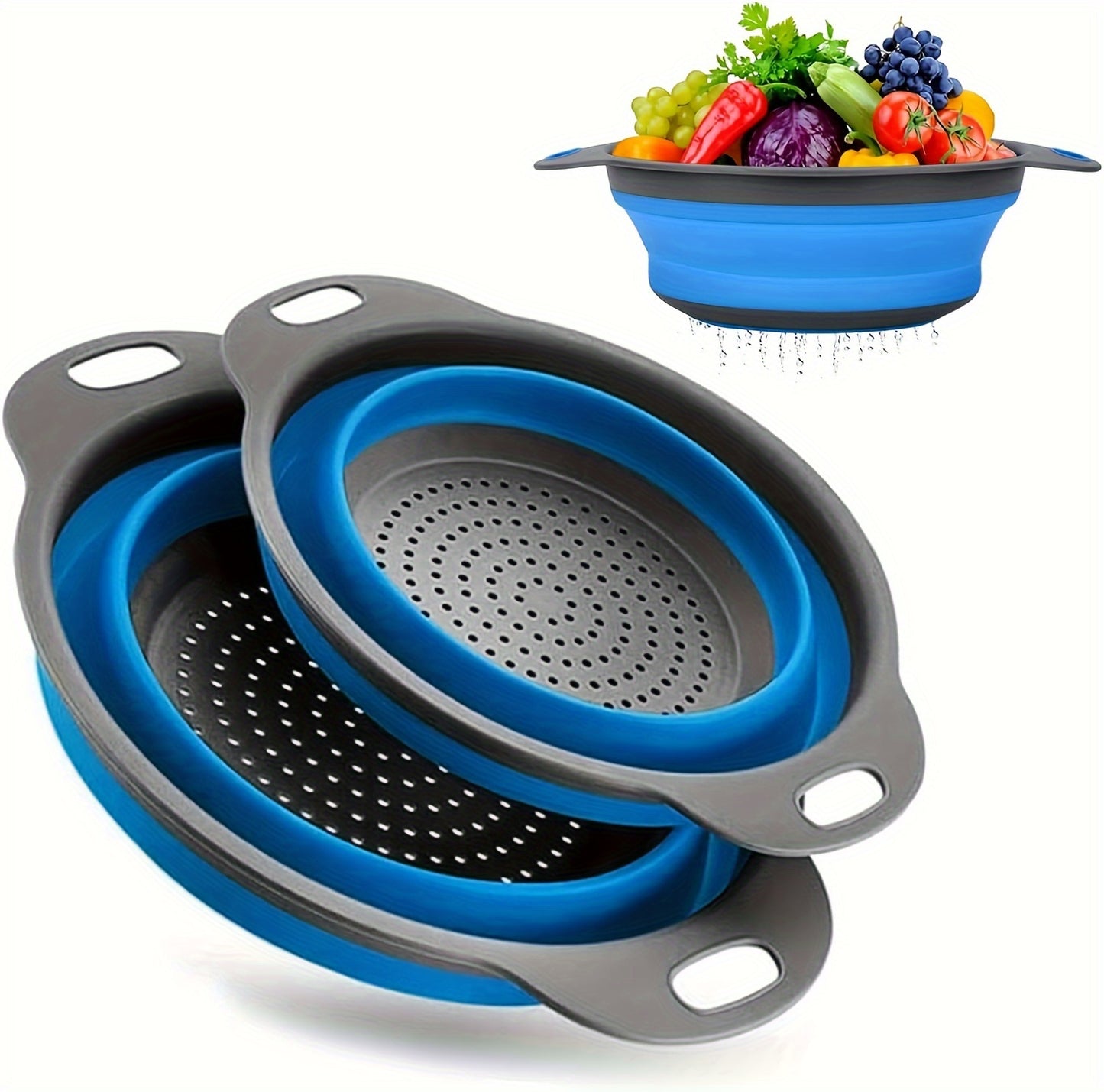 1/2 Set Round Silicone Kitchen Drain Basket Set Collapsible Funnel - 1 Large, 1 Small, Very Suitable for Draining Pasta, Vegetables and Fruits