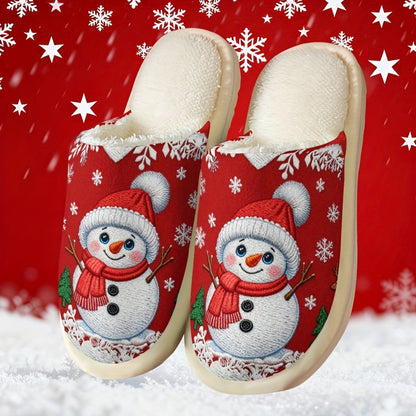 Cozy Fleece-Lined Slip-On Slippers with Snowman & Reindeer Design - Soft Fabric Upper, EVA Sole, Round Toe, Perfect for Fall/Winter, Unisex Couple Matching, Cute Slippers, Winter Footwear, Playful Design, Comfortable Footwear