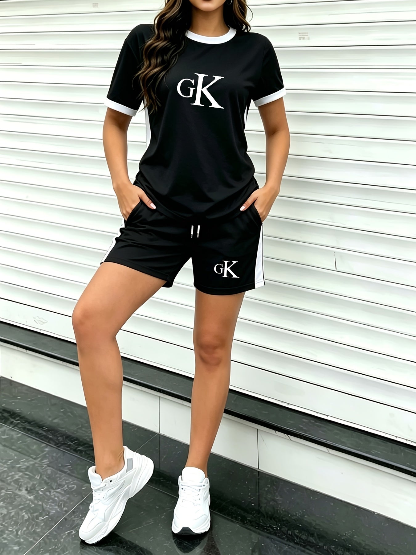Casual Summer Two-Piece Set with Logo Print, Breathable Polyester