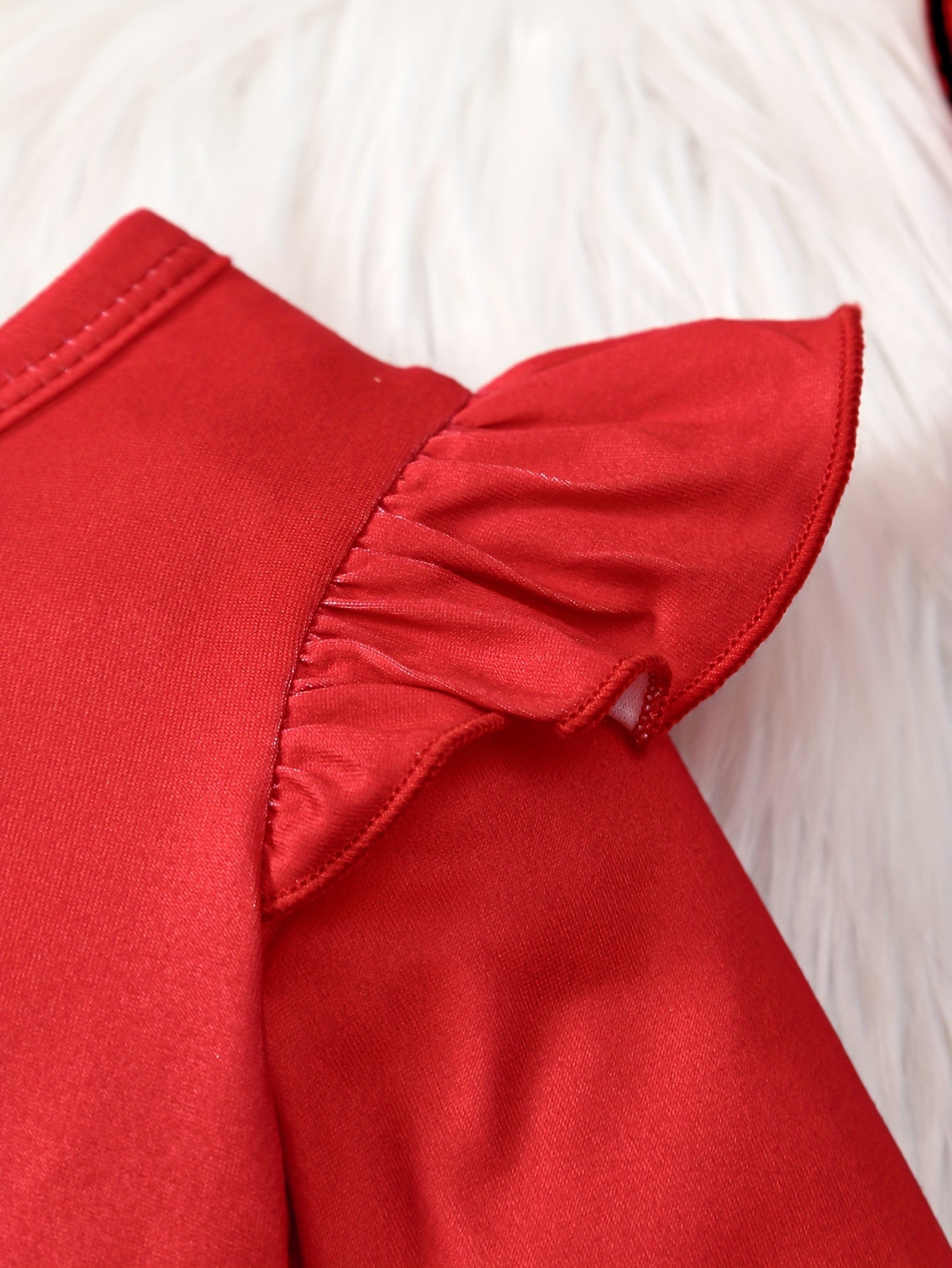 Festive Toddler Girl's Long Sleeve Ruffle Trim Dress with Santa and Snowman Print - Polyester Blend with Slight Stretch, Casual Knit Fabric Playwear for Spring/Fall