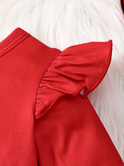 Festive Toddler Girl's Long Sleeve Ruffle Trim Dress with Santa and Snowman Print - Polyester Blend with Slight Stretch, Casual Knit Fabric Playwear for Spring/Fall