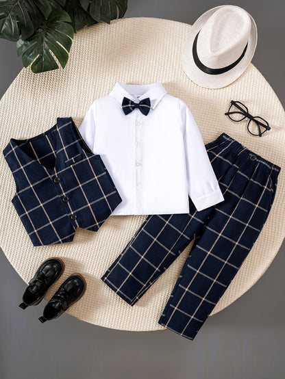 Toddler Boys 3-Piece Gentleman Set Navy Plaid Vest & Trousers