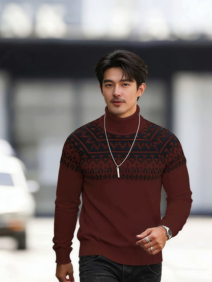 Men'S Solid Color Plaid Warm High-Neck Knitted Long-Sleeve Sweater for Casual Wear in Autumn And Winter