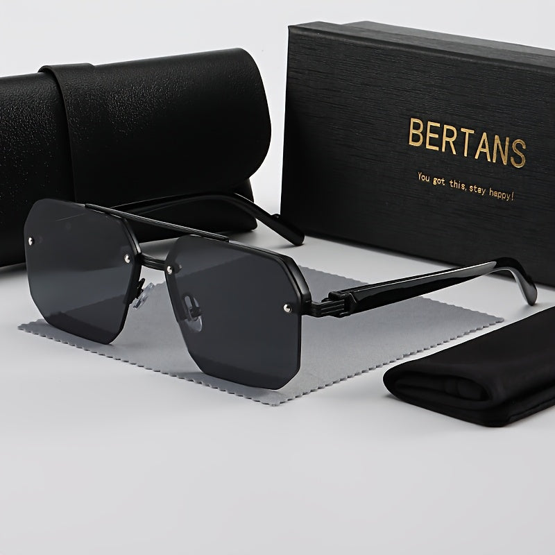 BERTANS Retro Semi-Rimless Metal Sunglasses for Men & Women